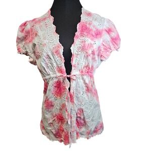 Kelleydeeee OG Tie Dye Eyelet Embroidered Kimono Top Pink White Short Sleeve